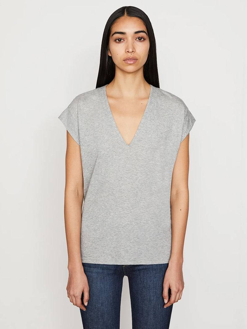 Le Mid Rise V Neck T-Shirt - Gris-FRAME-Over the Rainbow