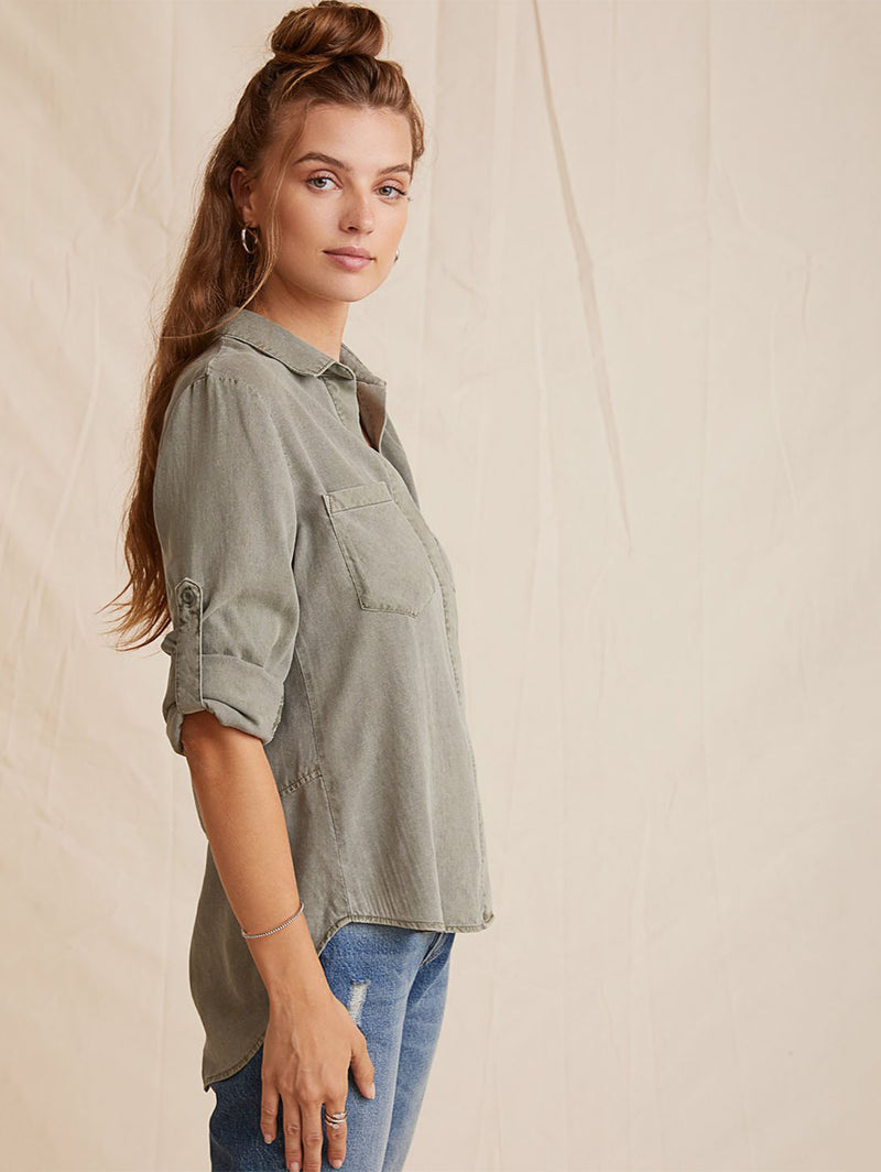 Split Back Button Down Shirt - Army-Bella Dahl-Over the Rainbow