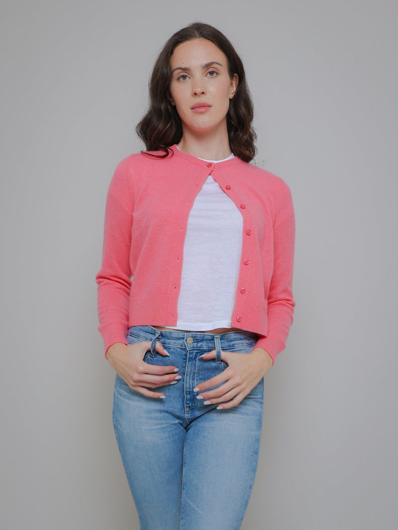 Essential Cashmere Crewneck Cardigan - Bright Tulip-WHITE + WARREN-Over the Rainbow