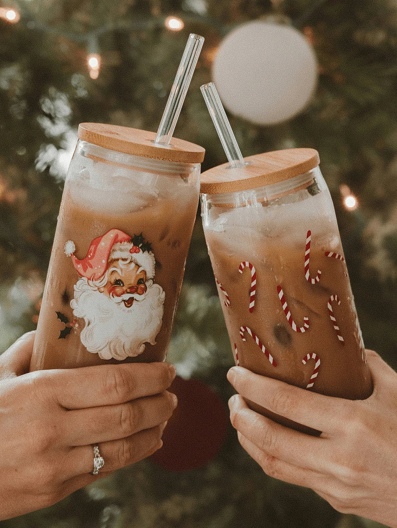 Vintage Santa Can Glass With Glass Straw + Lid-SWEET WATER DECOR-Over the Rainbow