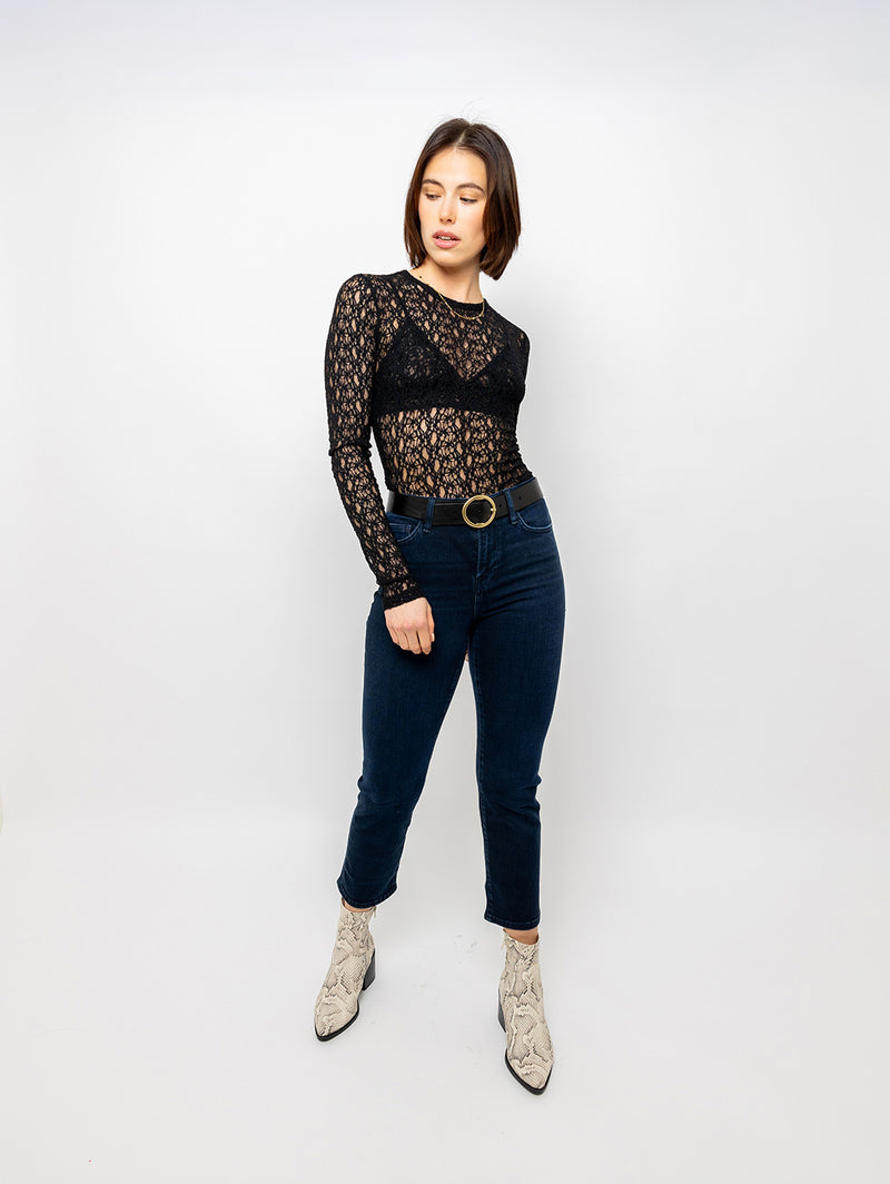 Crewneck Mesh Lace Long Sleeve Top - Black-FRAME-Over the Rainbow