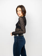 Crewneck Mesh Lace Long Sleeve Top - Black-FRAME-Over the Rainbow