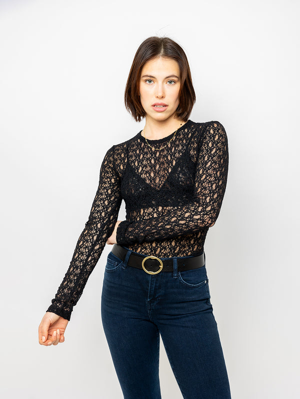 Crewneck Mesh Lace Long Sleeve Top - Black-FRAME-Over the Rainbow