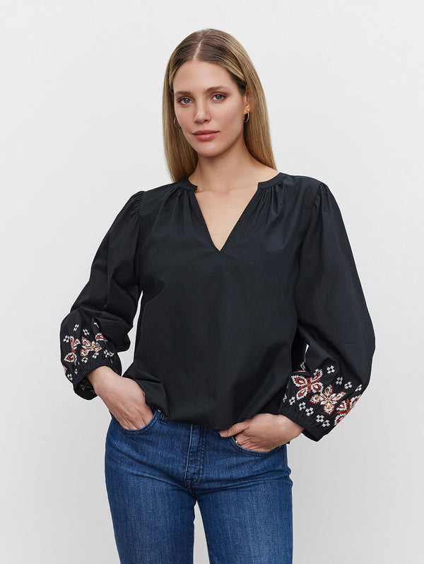 Paola Flower Embroidery Top - Black-Velvet-Over the Rainbow