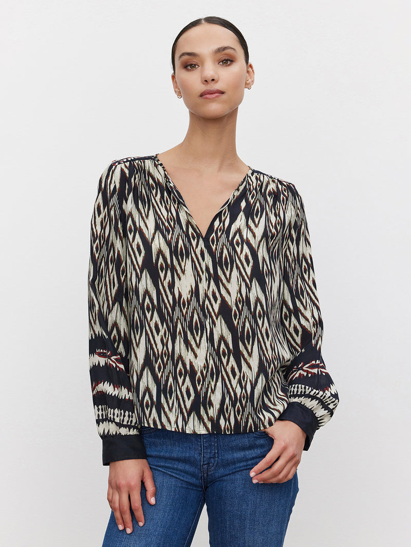 Abrielle Ikat Long Sleeve Top - Black Ecru-Velvet-Over the Rainbow