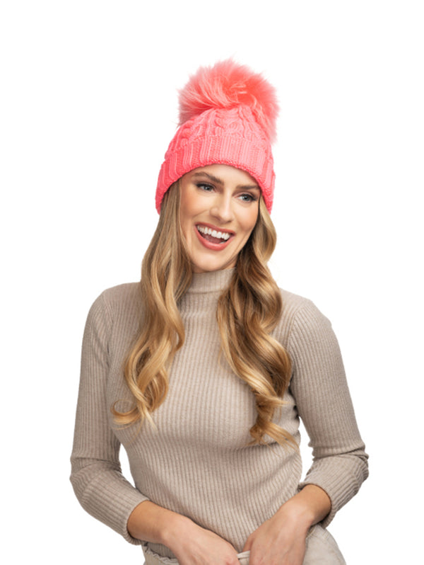 Charlie Cable Knit Hat - Neon Coral-Lindo F-Over the Rainbow